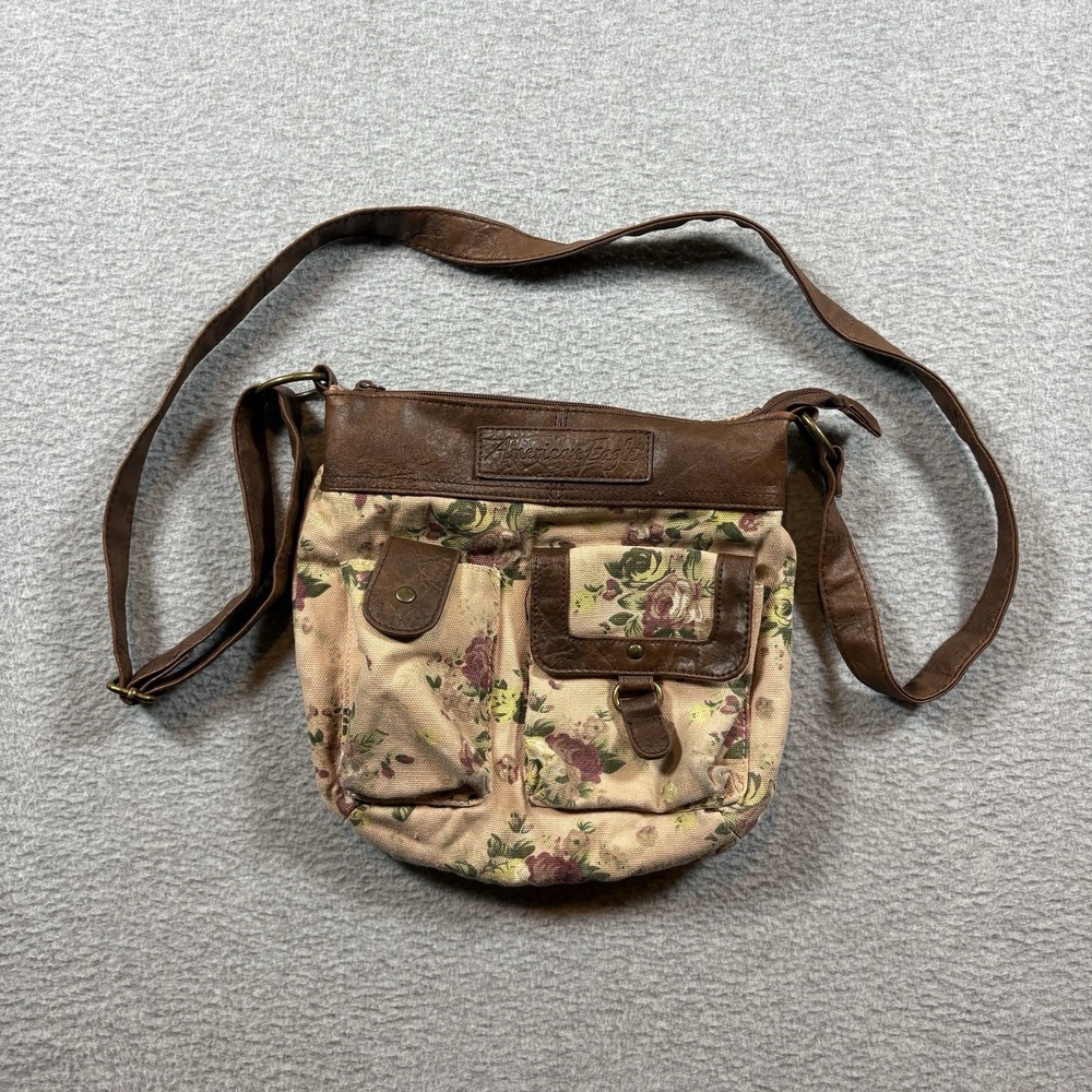 Vtg Y2K American Eagle Floral Canvas Crossbody Bag Purse Brown Boho Cargo Pocket